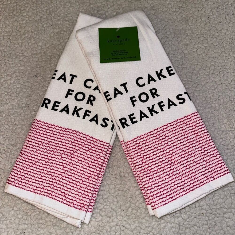 Kate Spade Pink White Eat Cake For Breakfast Kitchen Towels NWT